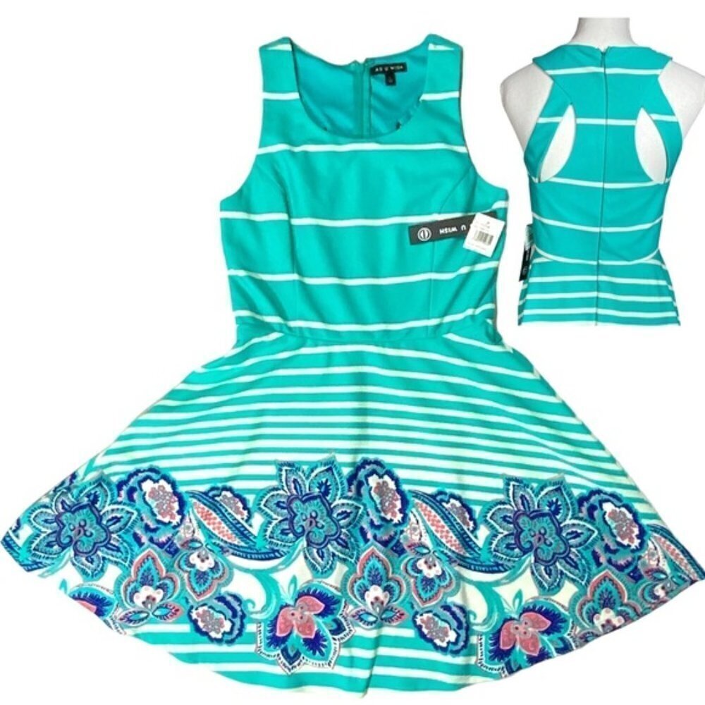 As U Wish Cut Out Skater Dress Mini Flare Stripe Floral White Teal Junior Large